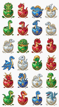 Dinosaur Eggs Collection: A vibrant assortment of dinosaur hatchlings emerging from decorative eggs in a playful and colorful display.