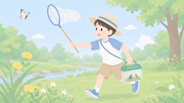 草原の川辺で虫取り網を持って蝶を追いかける元気な男の子
