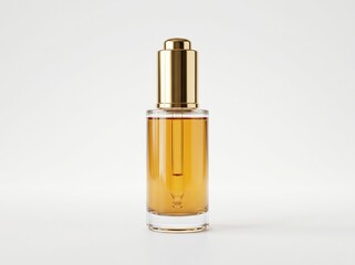 Naklejka premium Elegant glass bottle with golden cap containing brown liquid on white background