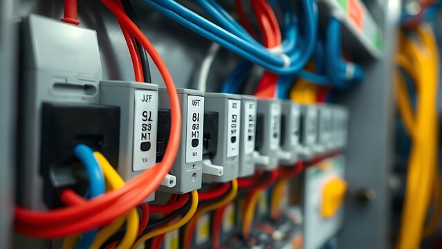A close-up of an electrical switchboard with colorful wires, highlighting technical precision and detail.