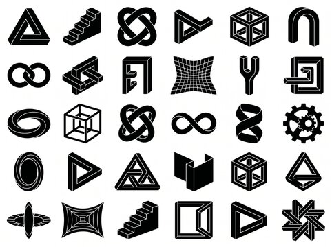 Comprehensive collection of black isometric illusion and impossible object vector icons for creative design with illusion impossible isometric geometry abstract perspective triangle