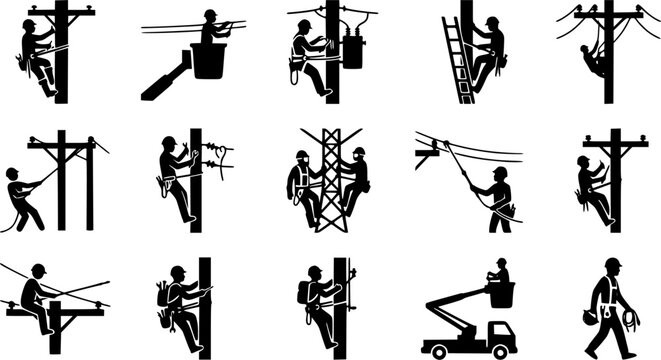 Lineman silhouette icon set, flat black glyph style, pure white background