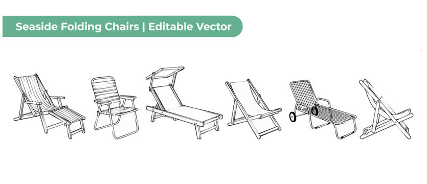 Beach folding chair vector set of line art seaside lounge chairs, deckchairs, and recliner sunbeds for summer vacation designs, outdoor relaxation graphics, isolated outline icons on white background.