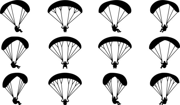 Paragliding silhouette icon set, flat black glyph style, pure white background