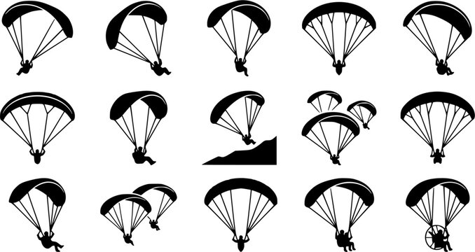 Paragliding silhouette icon set, flat black glyph style, pure white background
