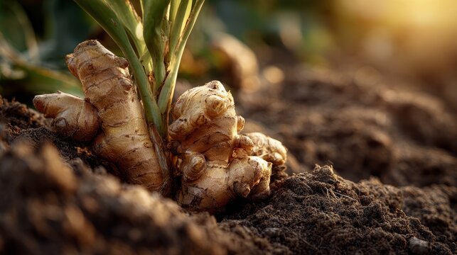 Fresh ginger root freshly harvested from garden soil in warm sunlight showing organic culinary herb close-up with earthy texture and natural farming concept for healthy eating and herbal ingredients