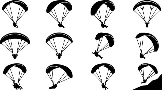 Paragliding silhouette icon set, flat black glyph style, pure white background