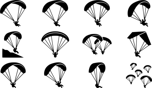 Paragliding silhouette icon set, flat black glyph style, pure white background