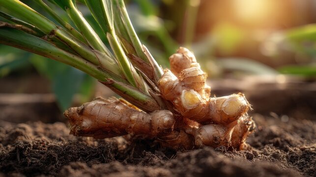 Fresh ginger root freshly harvested from garden soil in warm sunlight showing organic culinary herb close-up with earthy texture and natural farming concept for healthy eating and herbal ingredients