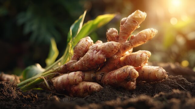 Fresh ginger root freshly harvested from garden soil in warm sunlight showing organic culinary herb close-up with earthy texture and natural farming concept for healthy eating and herbal ingredients