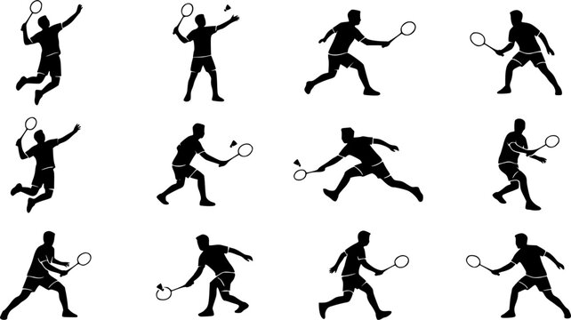 Badminton players silhouette icon set, flat black glyph style, pure white background