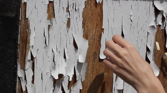 Hand peeling old chipped paint from worn wooden furniture surface