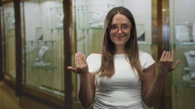 Woman wearing glasses gestures with hands and points toward a jewelry display case inside a building; playful invitation.