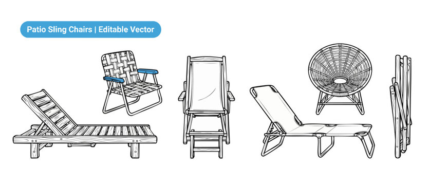 Patio sling chairs vector set of outdoor lounge furniture line art icons, featuring folding deck chairs, wooden sun lounger, garden wicker chair, and beach recliners on white background for a creator.