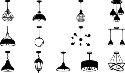 Naklejka premium Pendant lamps silhouette icon set, flat black glyph style, pure white background