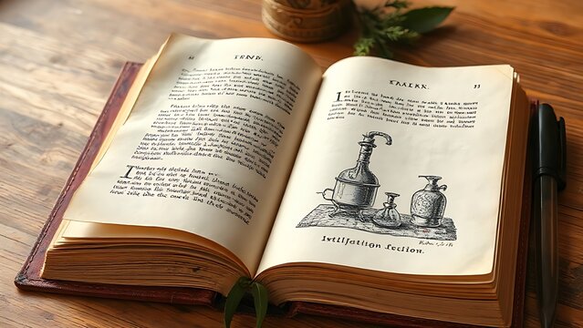Medieval manuscript on wooden desk with detailed ink illustrations of distillation equipment.
