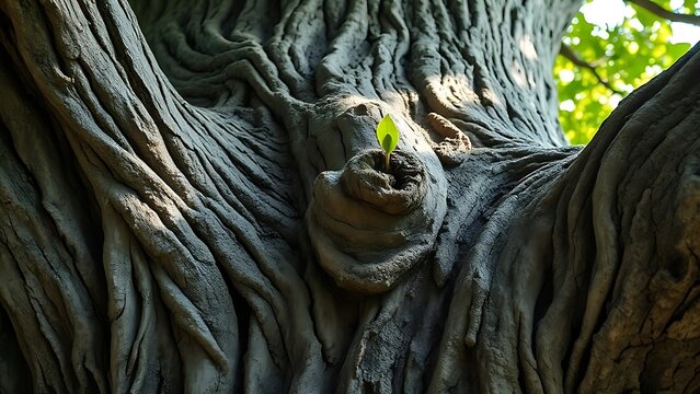 Ancient oak tree trunk with a fresh grafted bud, sunlight through leaves.