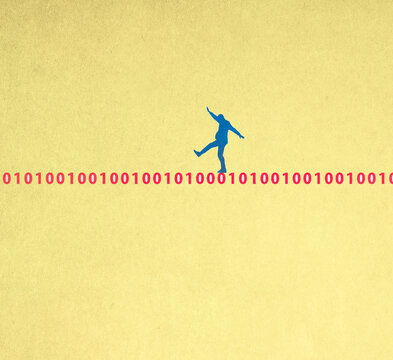 Computer programmer walking on binary codes