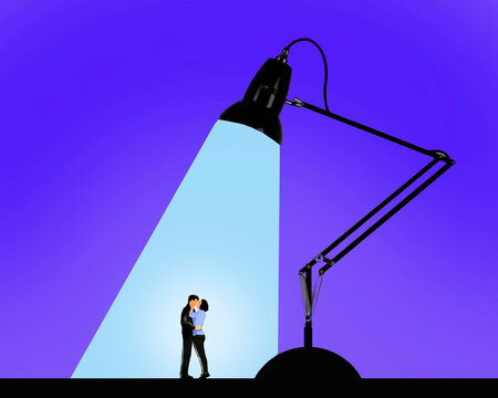 Romantic concept illustration of a couple kissing under a spotlight