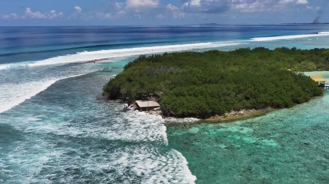 Aerial view of lush green vegetation on a tropical island with white waves breaking on the coral reef and turquoise water in Thulusdhoo, Kaafu Atoll, Maldives.