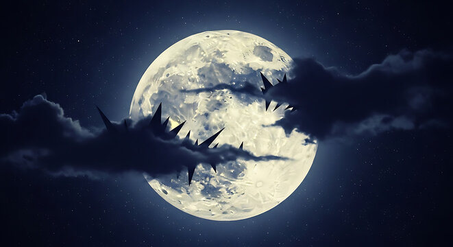 Full moon with dark jagged clouds and starry night sky atmospheric scene