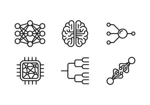 Artificial intelligence and machine learning network outline icons set