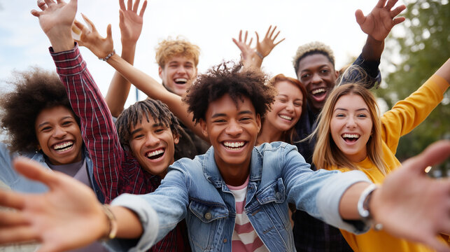 International Friendship Day joyful friends group portrait outdoors, diverse young people laughing with arms raised, urban friendship celebration, authentic youth lifestyle, teamwo