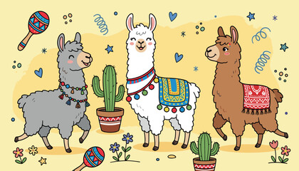 Cute cartoon llama and alpaca vector character set featuring white grey and brown alpacas with festive saddles maracas and potted cactus plant elements. © Sumaiya Akter Sweety