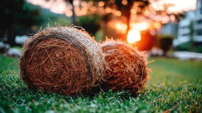 Close up view of round hay bales on a grass field during a golden hour sunset with landscape