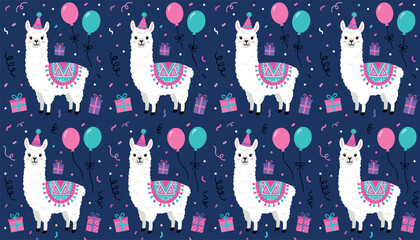 Cute cartoon llama birthday party seamless pattern vector illustration with white alpacas balloons gifts and confetti on a dark blue backdrop background surface design. © Sumaiya Akter Sweety