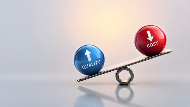 Quality prioritizing over cost concept with unbalanced seesaw showing heavy blue sphere outweighing red sphere