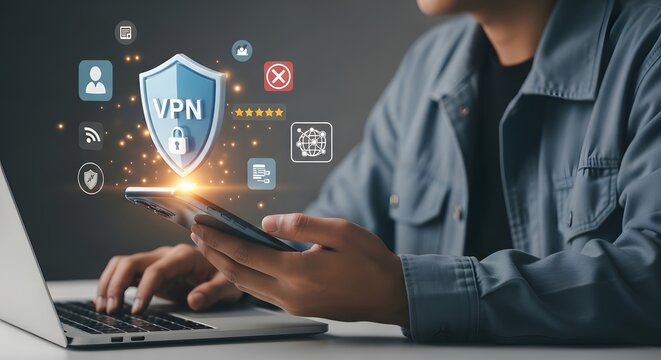 Young person using laptop smartphone for secure vpn internet connection and cyber security data privacy