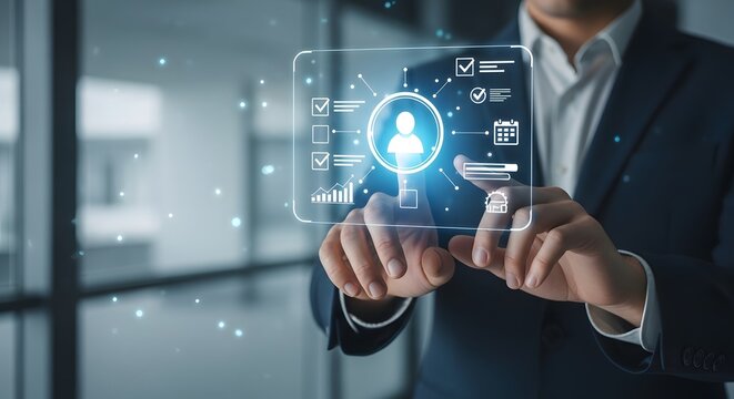 Hands with holographic UI display panel for corporate recruitment human resources and talent profile management