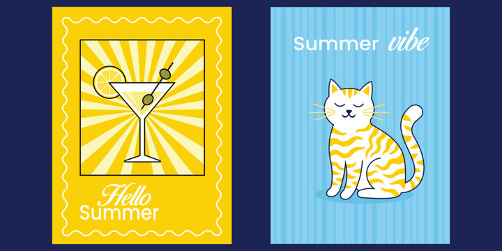Summer Vibe Duo: A delightful pair of summer-themed designs, one featuring a refreshing cocktail with a lemon slice and olives and the text Hello Summer.