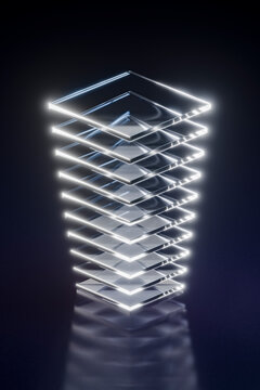 Abstract 3d geometric glass stack with glowing reflection