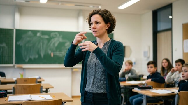 Teacher using sign language in a classroom with students attentively watching and learning