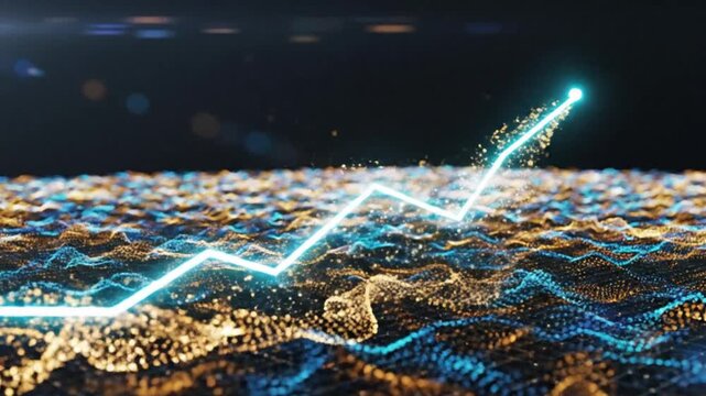 Abstract glowing line graph showing upward trend over a dynamic digital data stream background