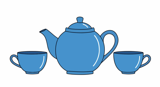 Two blue cups flank a blue teapot, ready for a warm beverage service