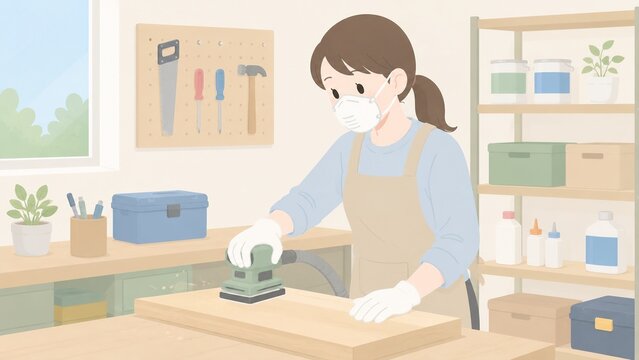 安全に配慮して電動サンダーで木材を研磨するDIYを楽しむ女性のイラスト