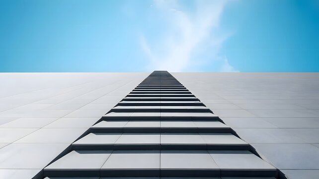 Minimalist stairs climbing toward bright horizon sky - Great for aspirational real estate media, investment journeys, or career success.