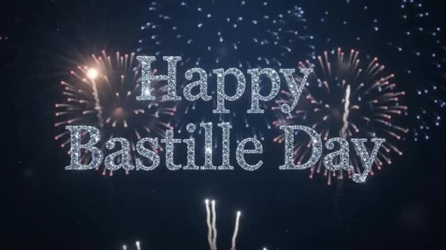 Elegant Bastille Day animation with sparkling crystal letters and distant fireworks