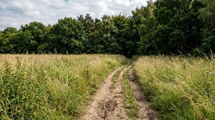 Naklejka premium A dirt path winds through tall grass and wildflowers leading into a dense green forest under a cloudy sky