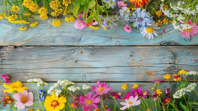 Bunte Fr&uuml;hlingsblumen liegen als Rahmen auf Holzbretter mit Freiraum f&uuml;r Text, mit KI generiert