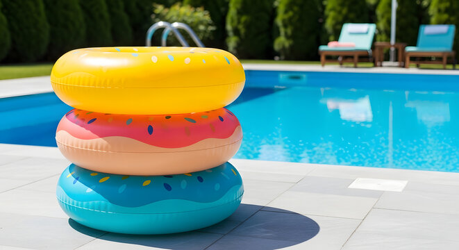 Stacked Inflatable Donut Pool Floating Rings On Poolside Deck | Three Colorful Summer Swim Inflatables By Luxury Outdoor Swimming Pool | Vibrant Yellow Pink And Blue Inflatable Rings For Pool Party 