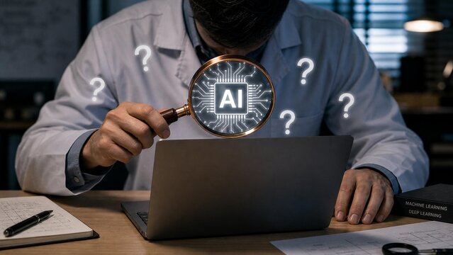 ongoing research challenges artificial intelligence, scientist magnifying glass examine glowing ai chip graphic question marks symbolizing
