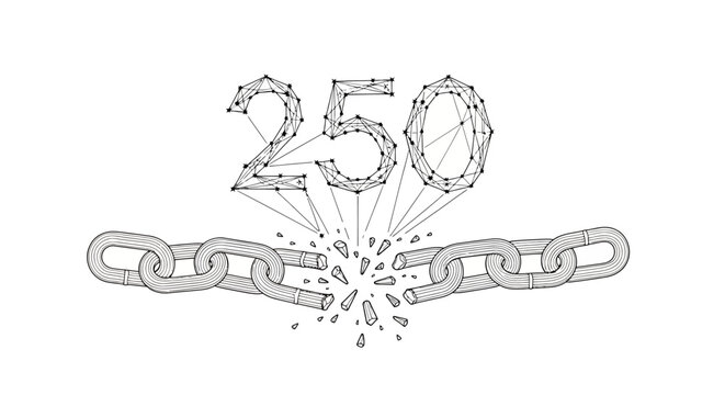 Dynamic visual concept of the number 250 with a shattered chain, embodying the spirit of liberation, breaking limitations, and reaching a significant milestone