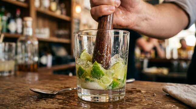 Bartender muddling lime and ice in a glass to prepare a cocktail at a bar counter with bottles in the background