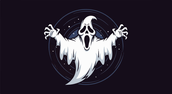 Terrifying ghost with outstretched arms against a dark starry background