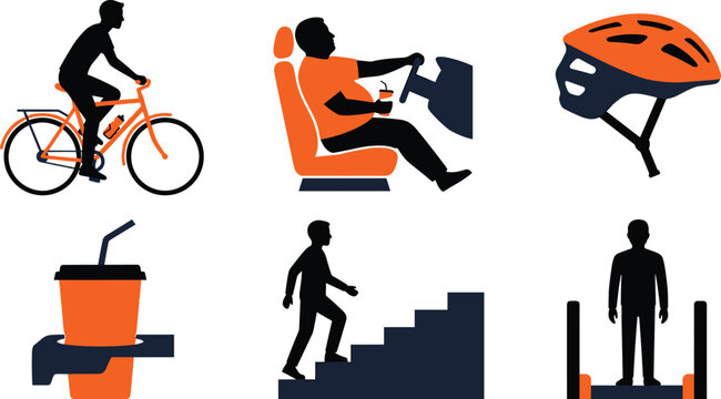 Active and Sedentary Lifestyle Icon Set with Cycling, Driving, Helmet, Drink Holder, Climbing Stairs, and Scooter for Health and Mobility Designs
