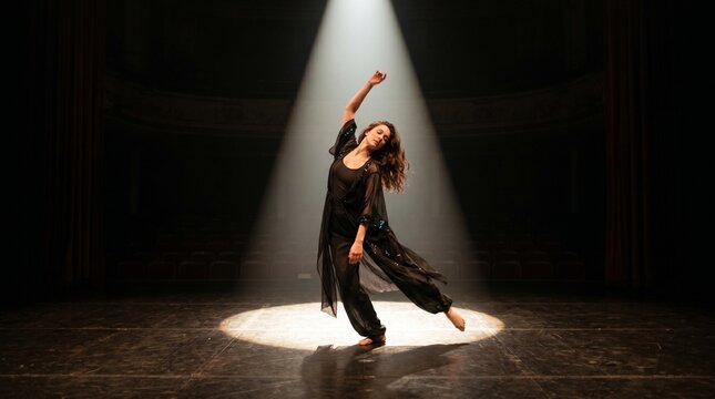 A graceful female dancer performs a solo routine on a dimly lit theater stage under a bright spotlight